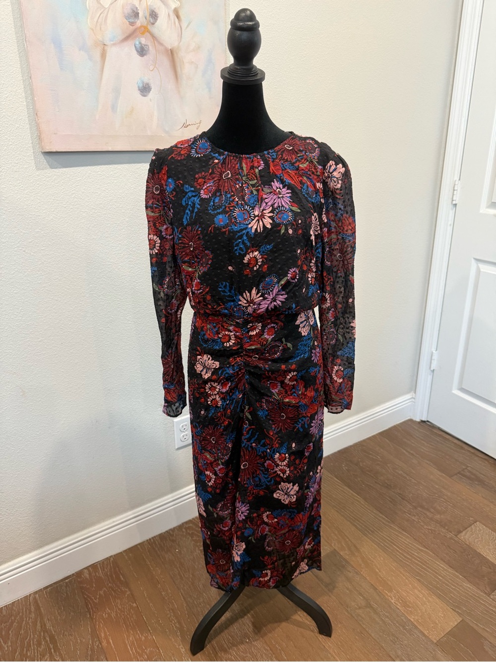 Veronica Beard Silk Blend Black Floral Lined Midi Dress with Pink & Blue Blooms